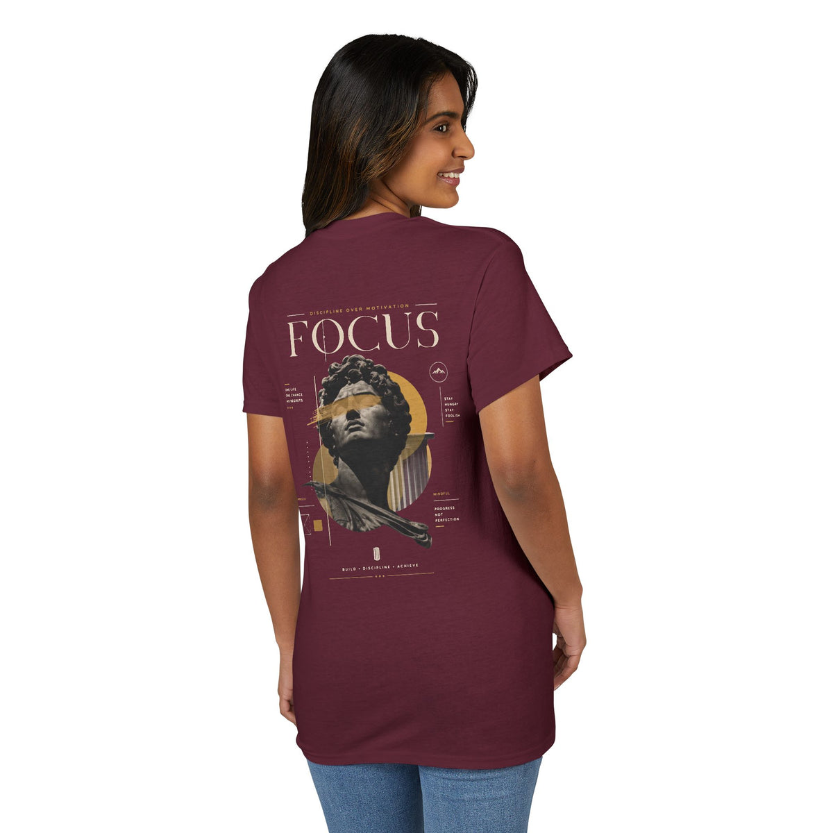Focus Statue Graphic T-Shirt — Retro Gold Collage Tee