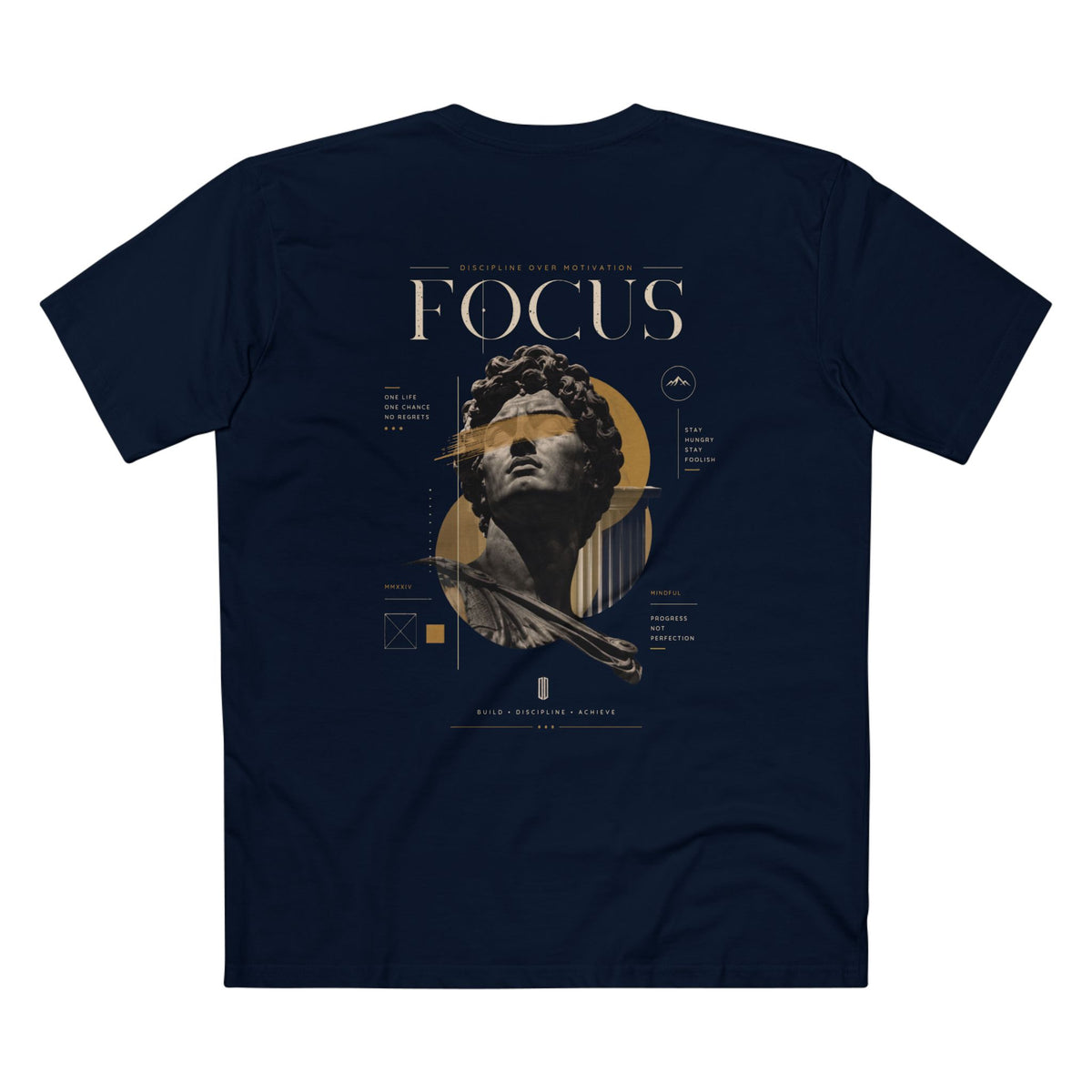 Focus Statue T‑Shirt — Abstract Golden Accent Art Tee