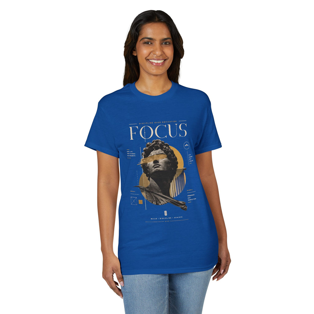 Focus Statue Graphic T-Shirt — Retro Gold Collage Tee