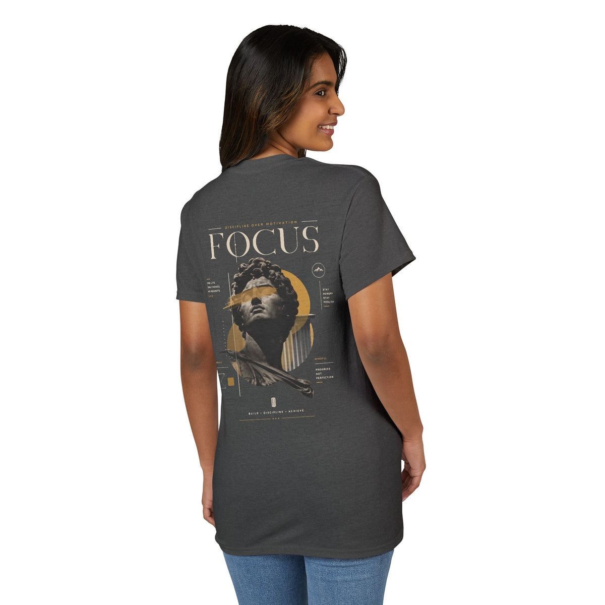 Focus Statue Graphic T-Shirt — Retro Gold Collage Tee