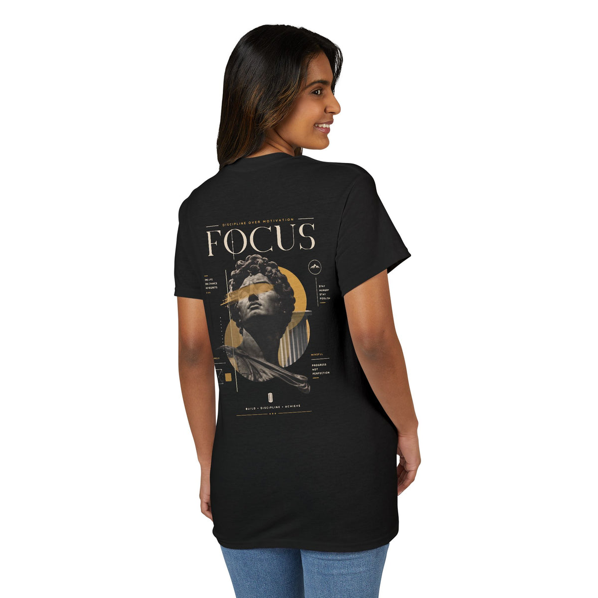 Focus Statue Graphic T-Shirt — Retro Gold Collage Tee