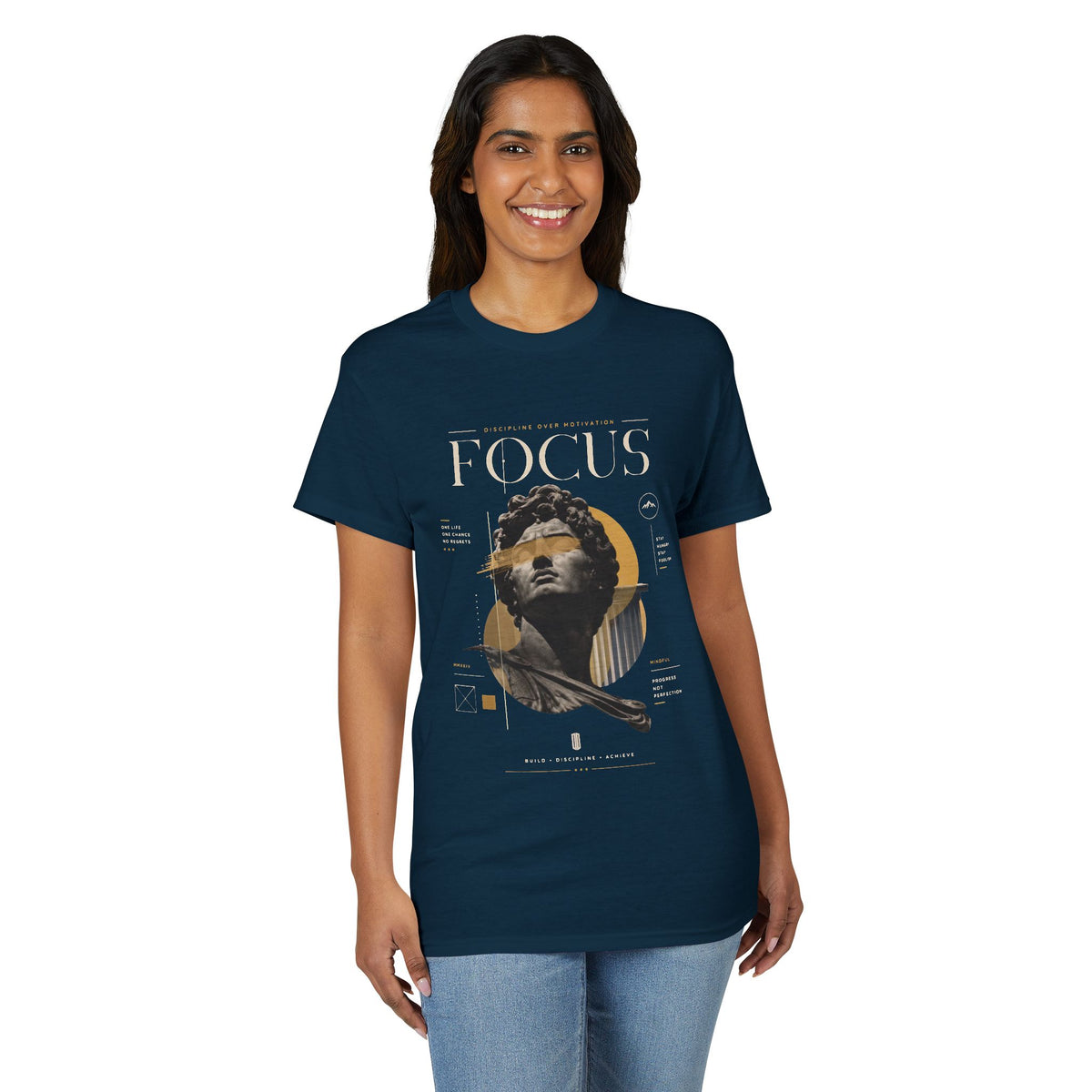 Focus Statue Graphic T-Shirt — Retro Gold Collage Tee