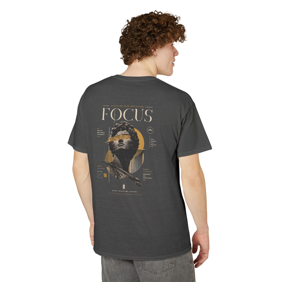 Focus Statue Graphic T-Shirt — Retro Gold Collage Tee