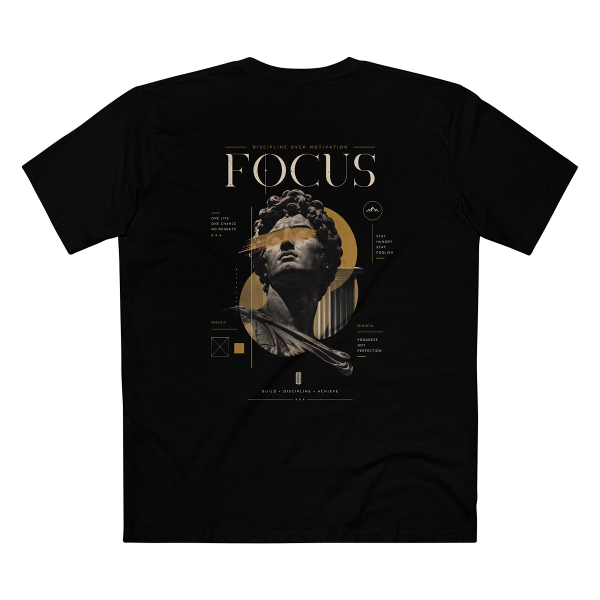Focus Statue T‑Shirt — Abstract Golden Accent Art Tee