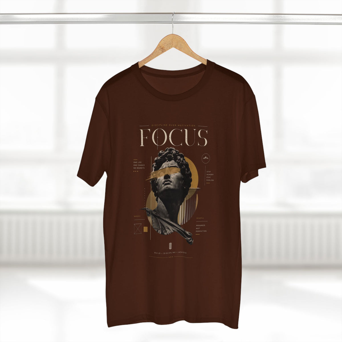 Focus Statue T‑Shirt — Abstract Golden Accent Art Tee