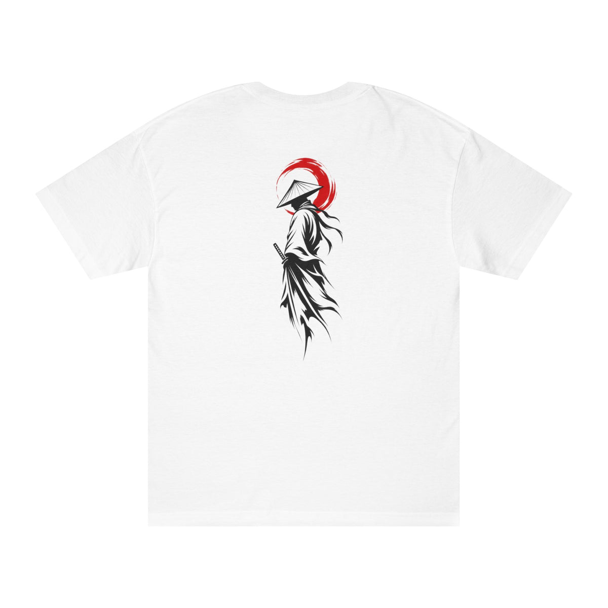 Samurai Graphic Tee — Minimalist Red Helmet Back Print