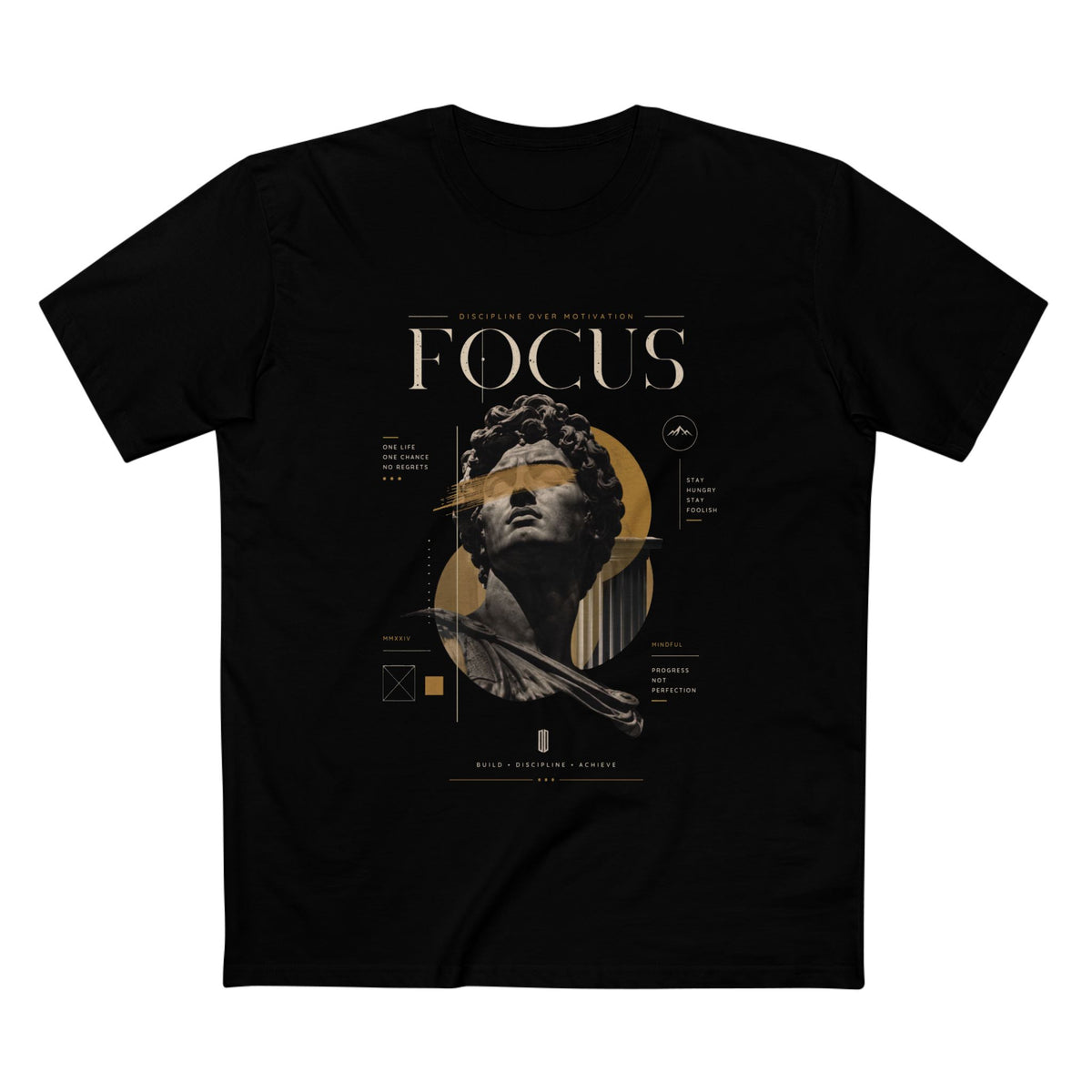 Focus Statue T‑Shirt — Abstract Golden Accent Art Tee
