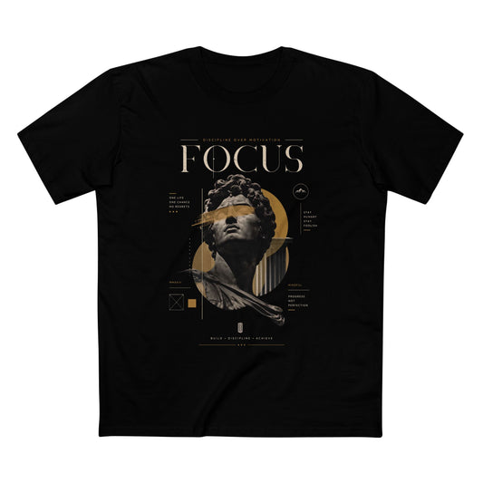 Focus Statue T‑Shirt — Abstract Golden Accent Art Tee