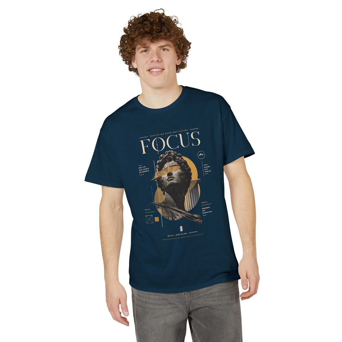 Focus Statue Graphic T-Shirt — Retro Gold Collage Tee