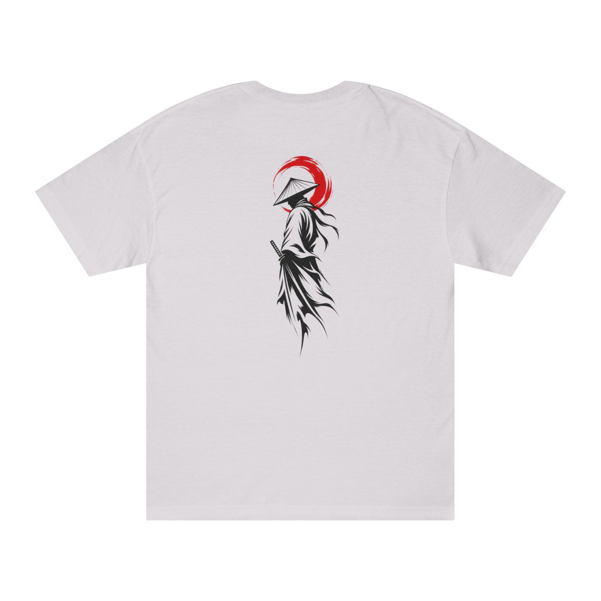 Samurai Graphic Tee — Minimalist Red Helmet Back Print