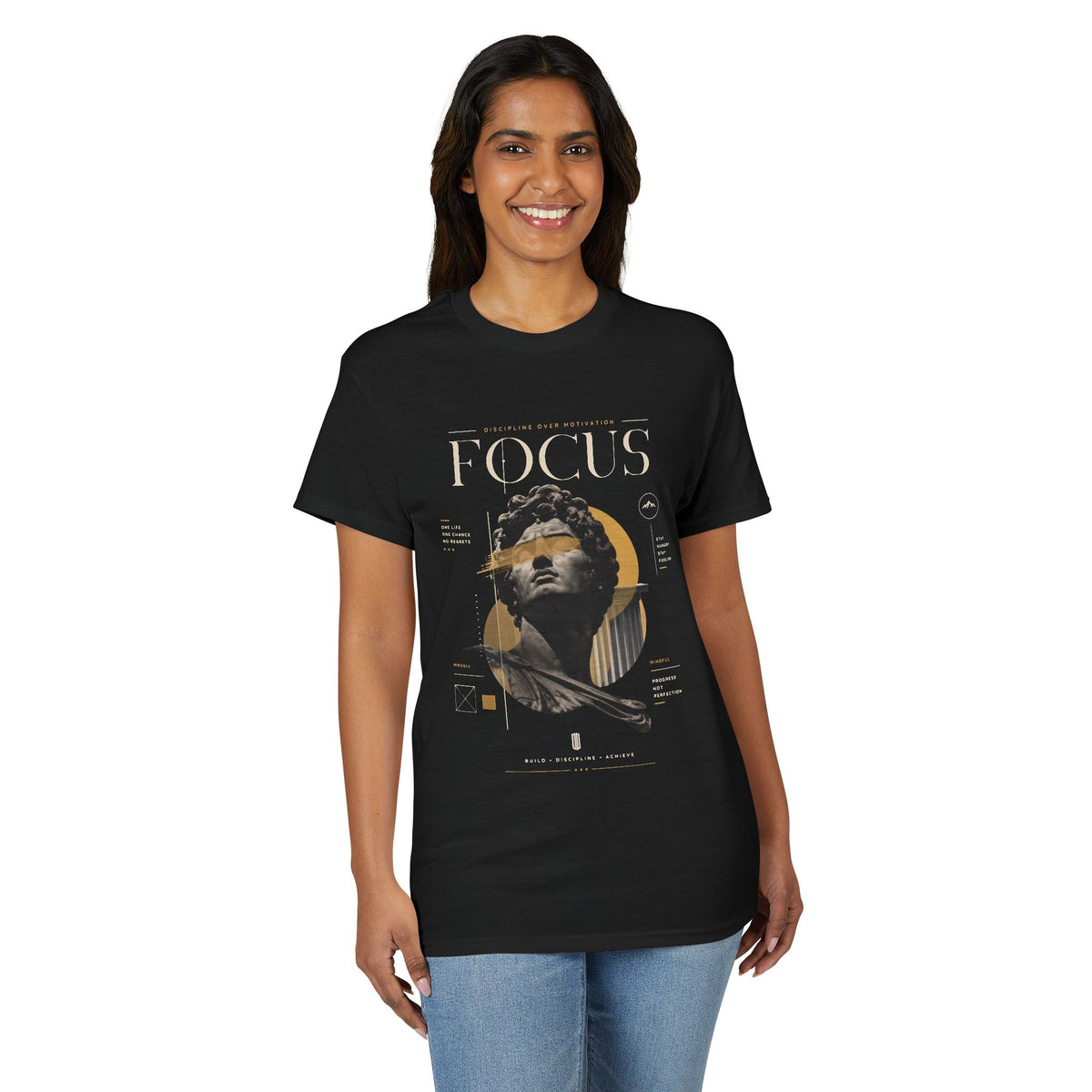 Focus Statue Graphic T-Shirt — Retro Gold Collage Tee