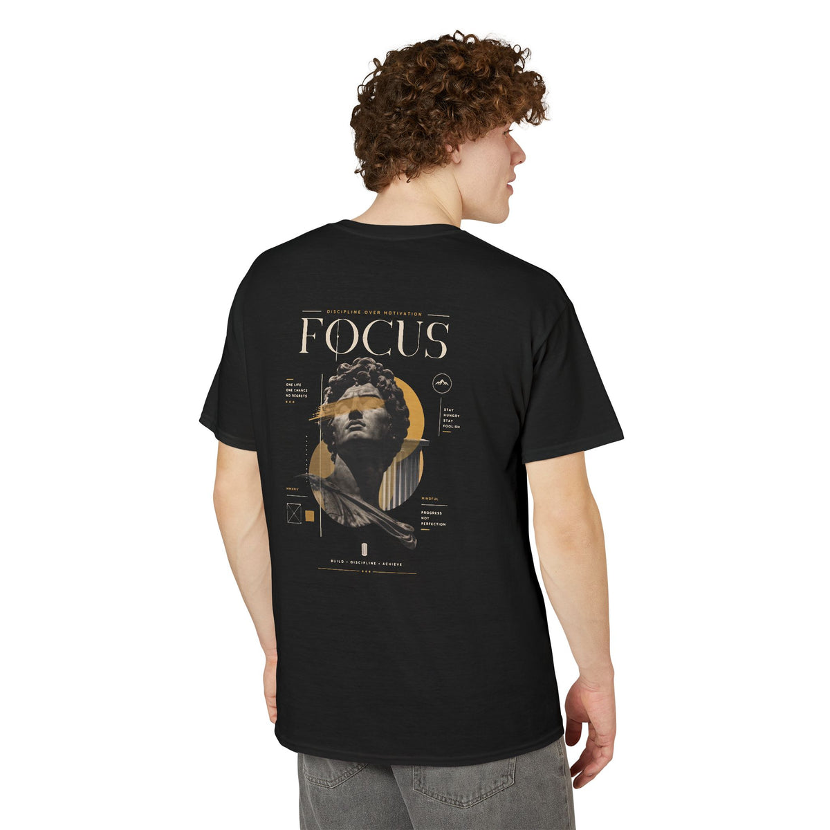 Focus Statue Graphic T-Shirt — Retro Gold Collage Tee