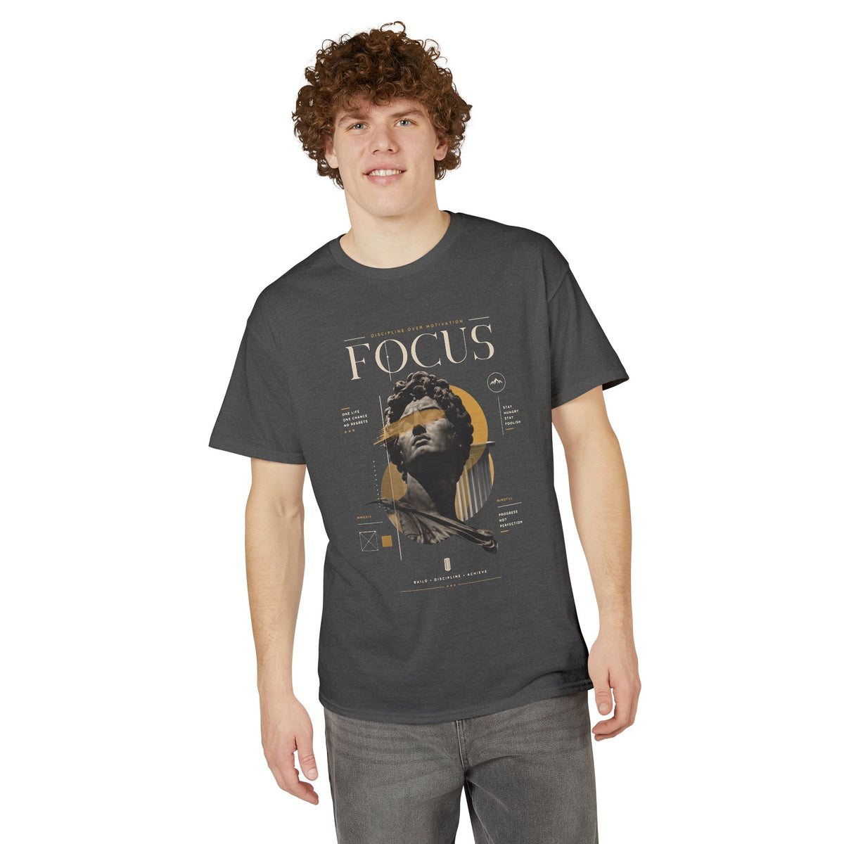 Focus Statue Graphic T-Shirt — Retro Gold Collage Tee