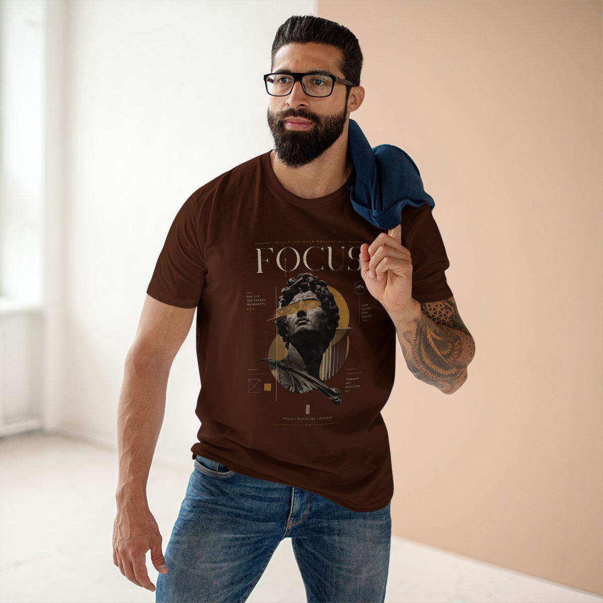Focus Statue T‑Shirt — Abstract Golden Accent Art Tee
