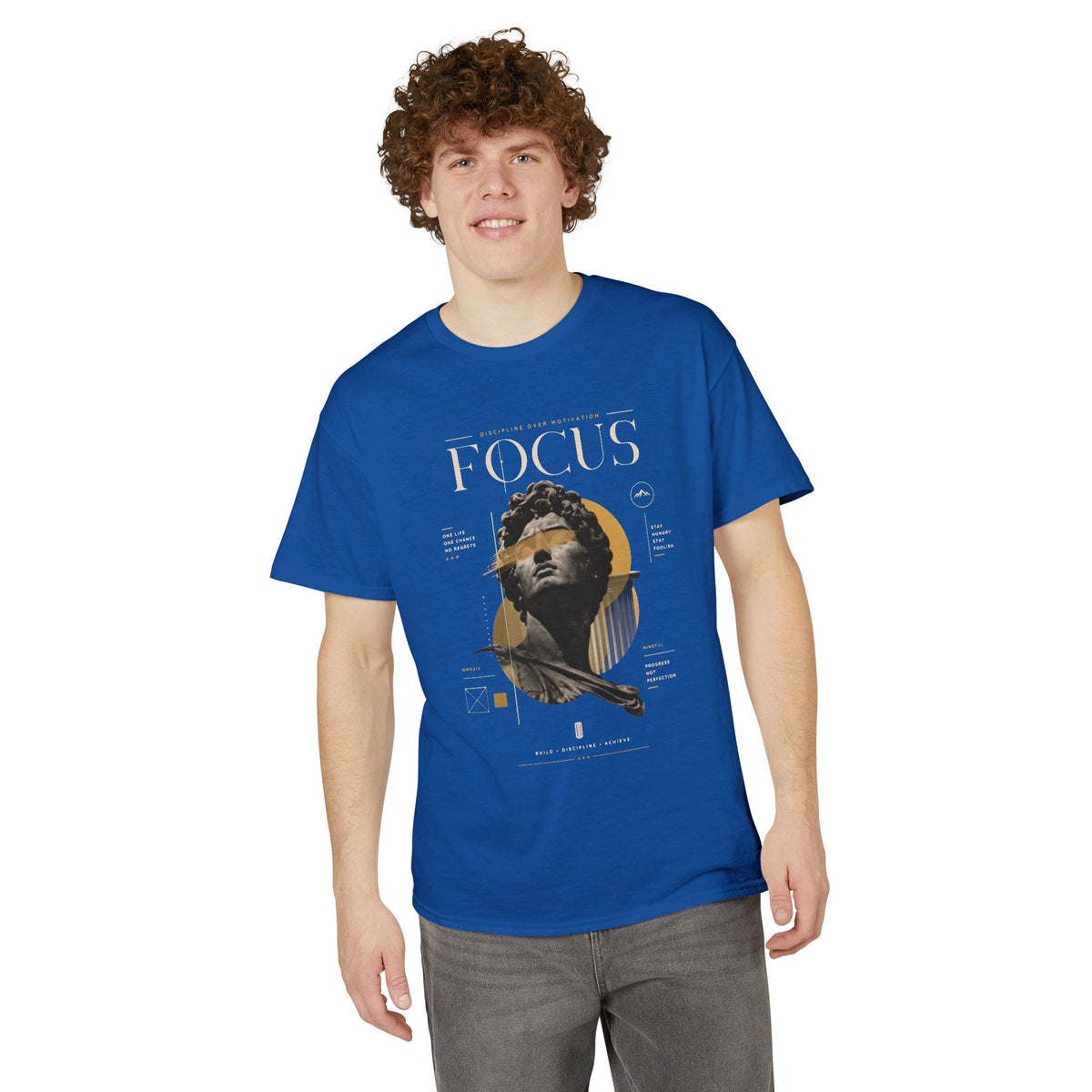 Focus Statue Graphic T-Shirt — Retro Gold Collage Tee