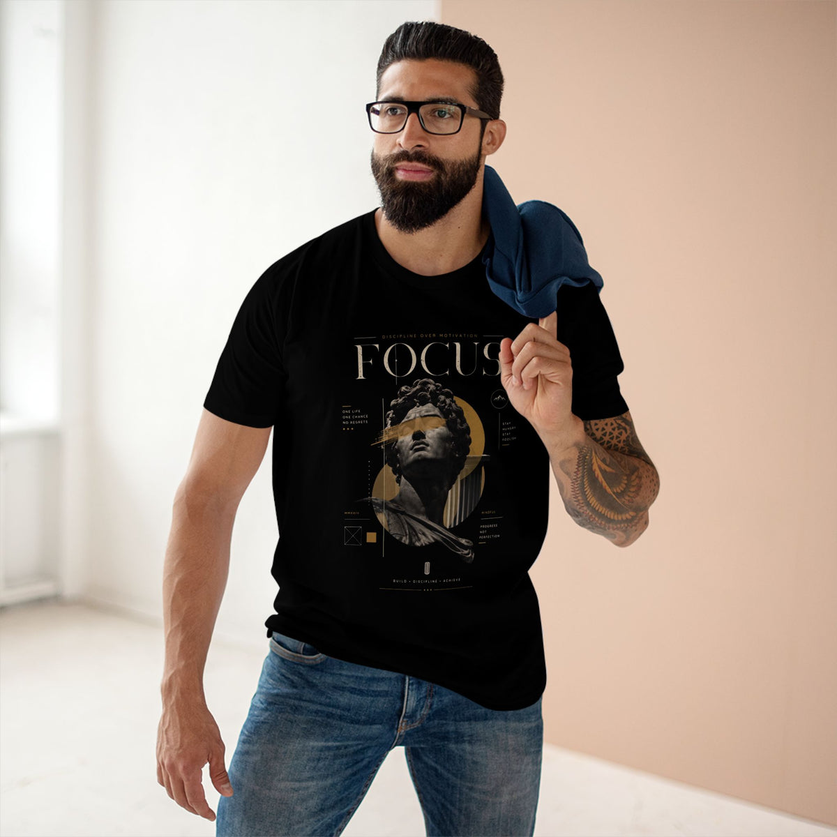 Focus Statue T‑Shirt — Abstract Golden Accent Art Tee