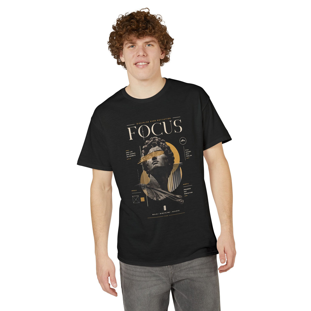 Focus Statue Graphic T-Shirt — Retro Gold Collage Tee