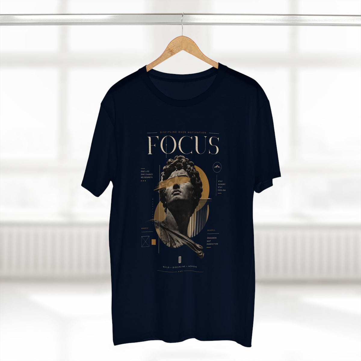 Focus Statue T‑Shirt — Abstract Golden Accent Art Tee