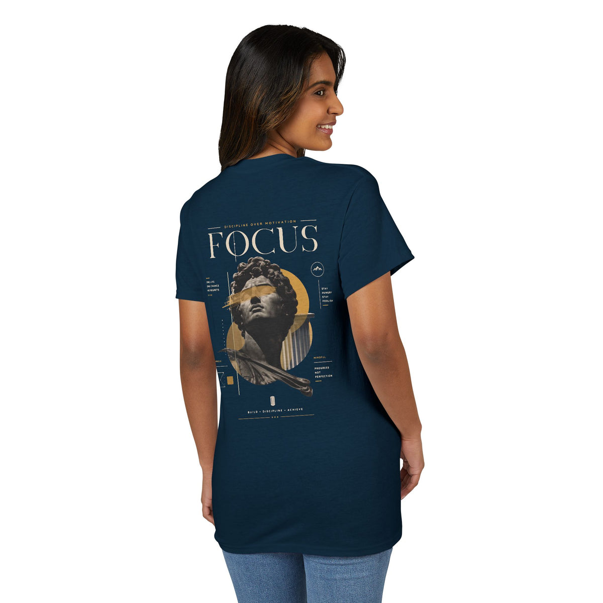 Focus Statue Graphic T-Shirt — Retro Gold Collage Tee