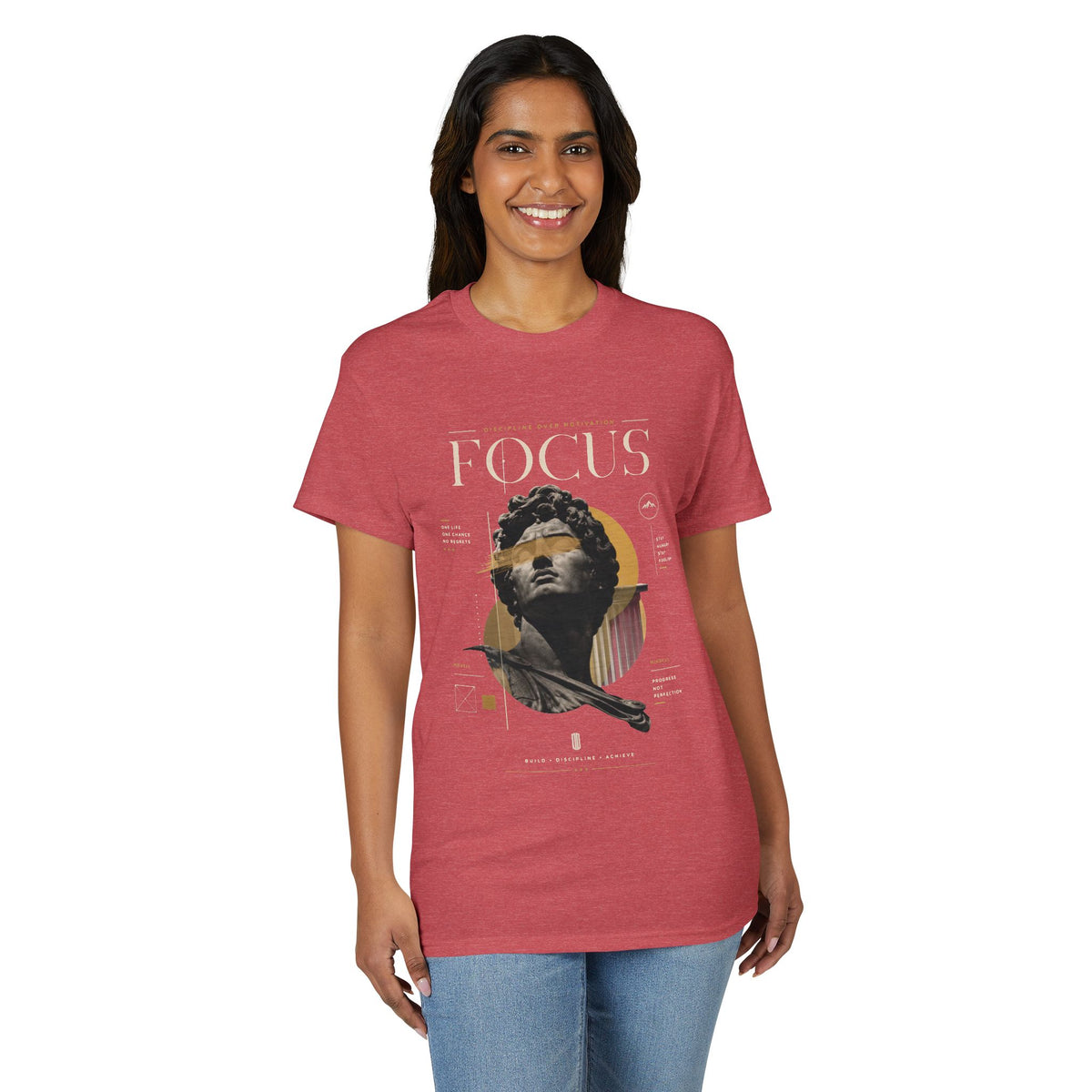 Focus Statue Graphic T-Shirt — Retro Gold Collage Tee