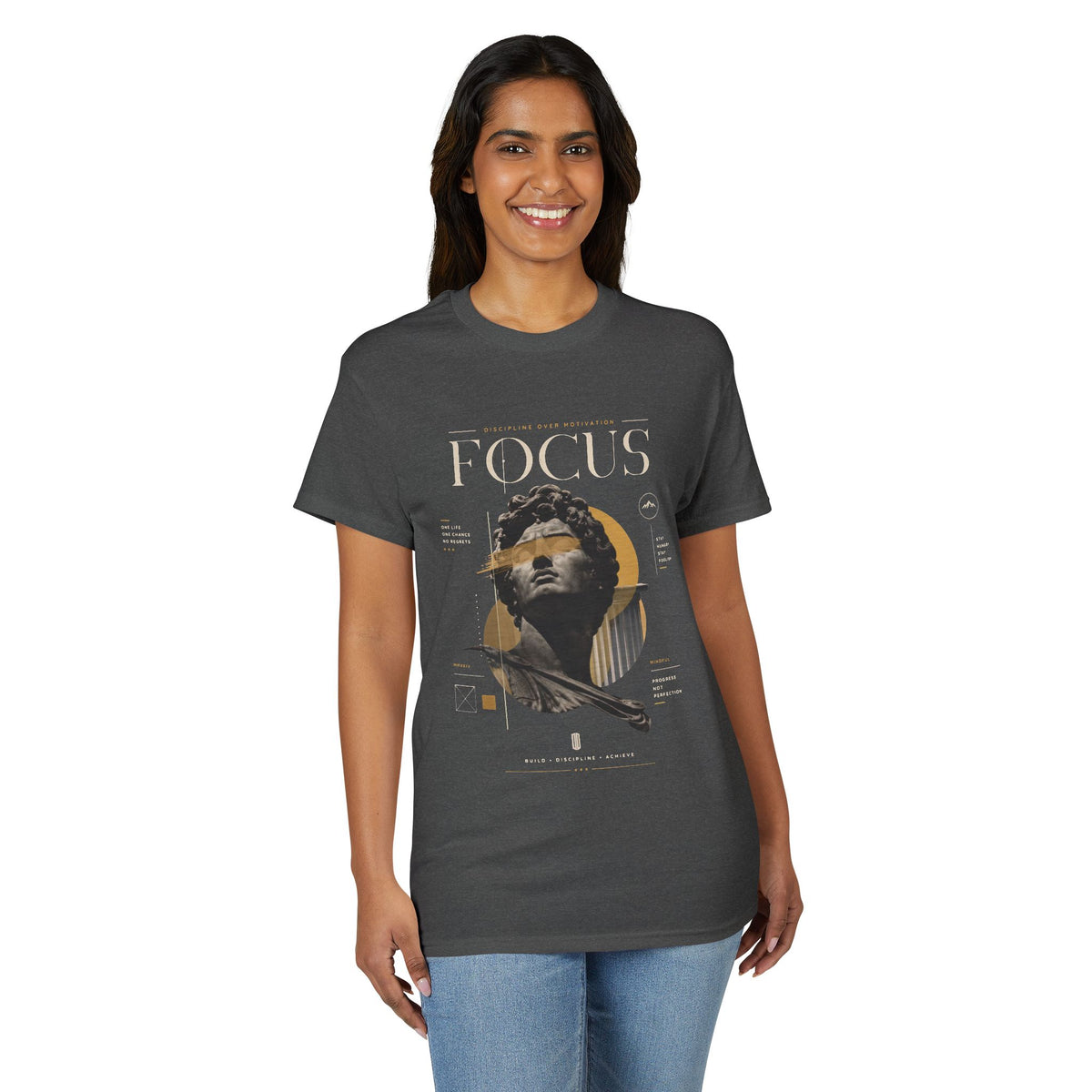 Focus Statue Graphic T-Shirt — Retro Gold Collage Tee