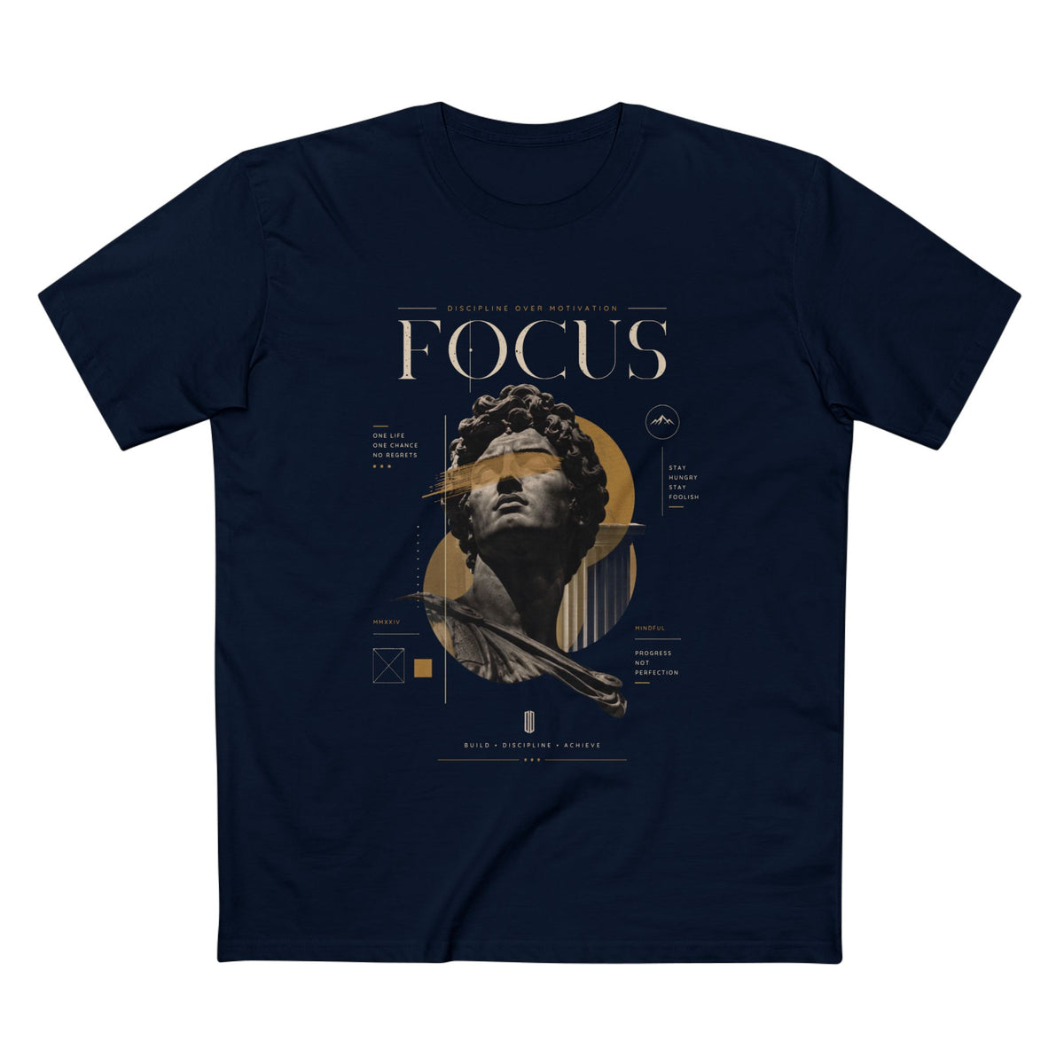 Focus Statue T‑Shirt — Abstract Golden Accent Art Tee