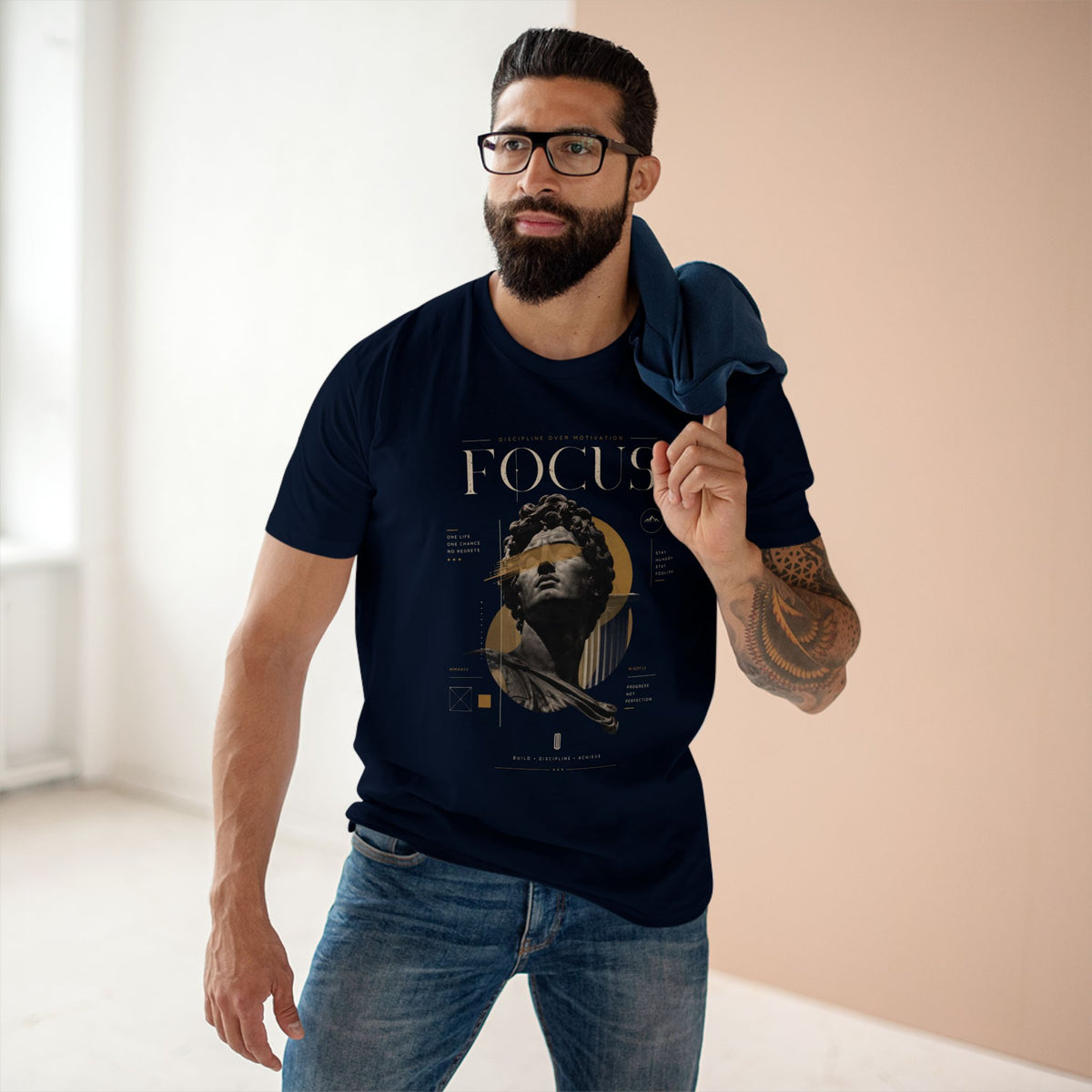 Focus Statue T‑Shirt — Abstract Golden Accent Art Tee