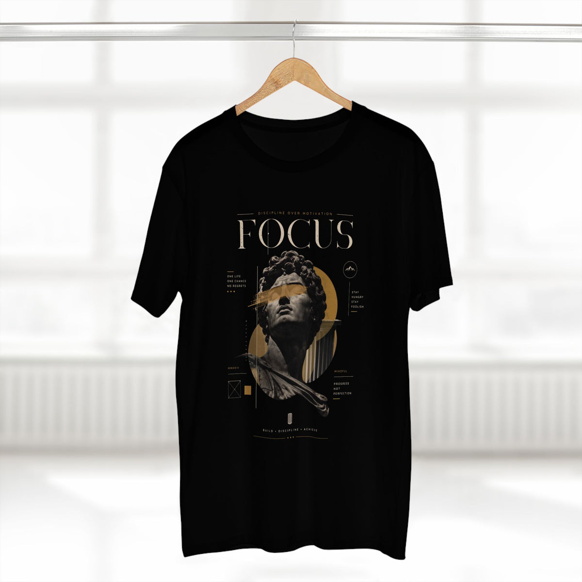 Focus Statue T‑Shirt — Abstract Golden Accent Art Tee