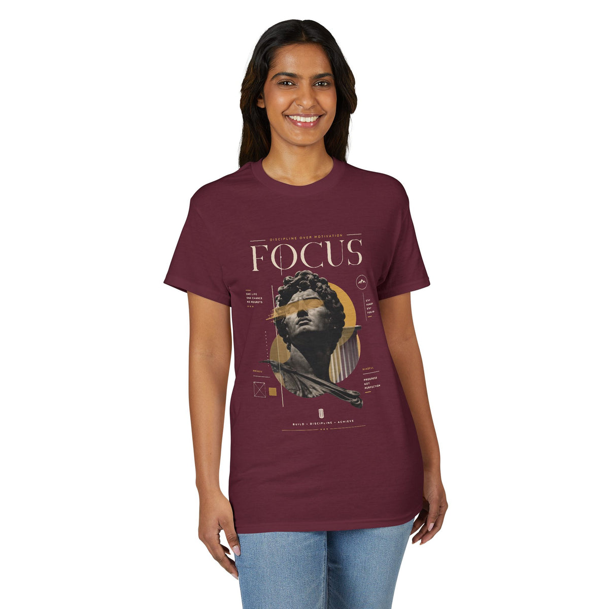 Focus Statue Graphic T-Shirt — Retro Gold Collage Tee