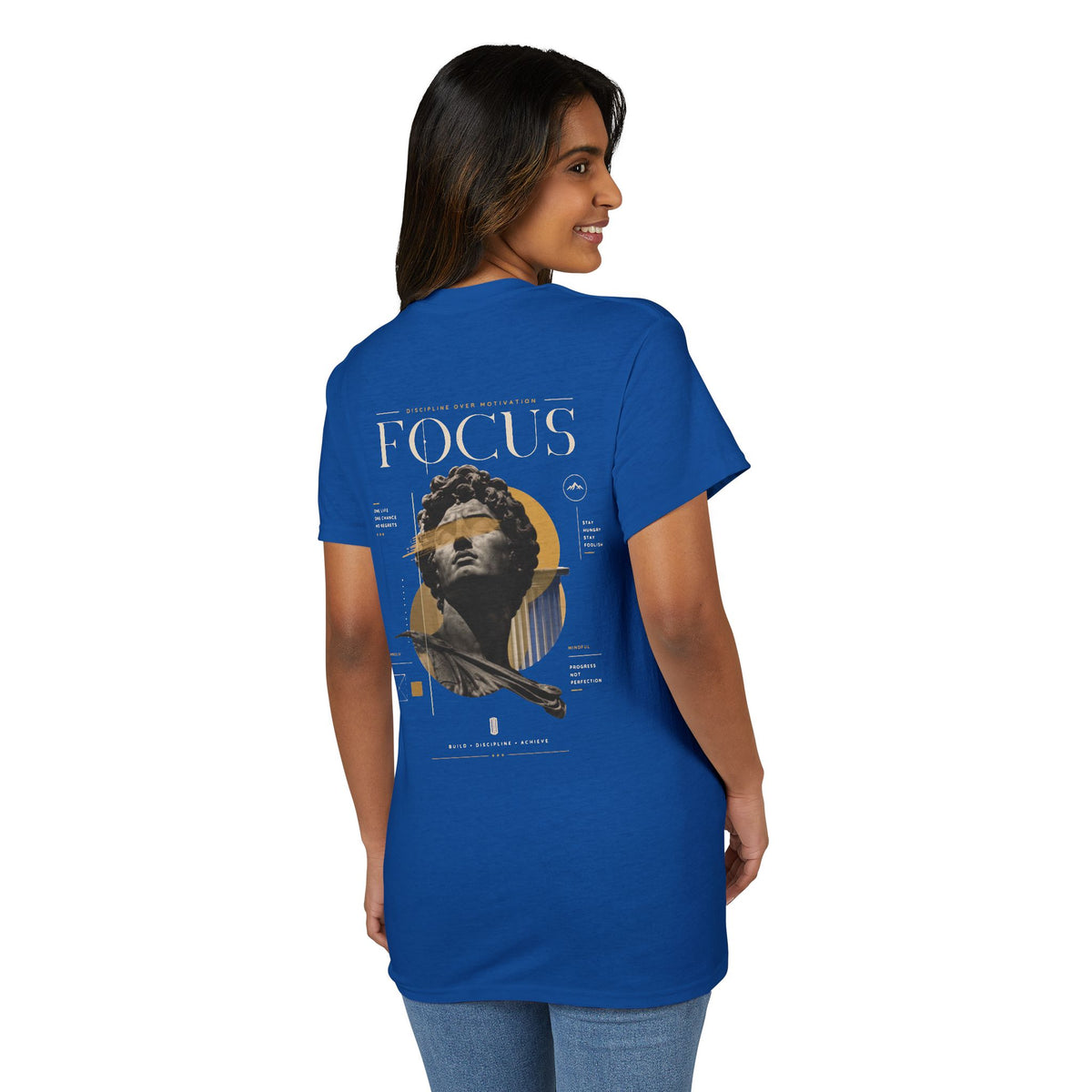 Focus Statue Graphic T-Shirt — Retro Gold Collage Tee