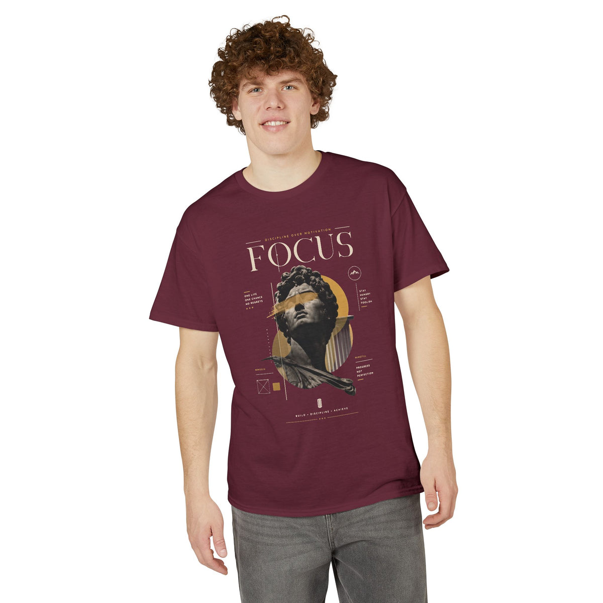Focus Statue Graphic T-Shirt — Retro Gold Collage Tee